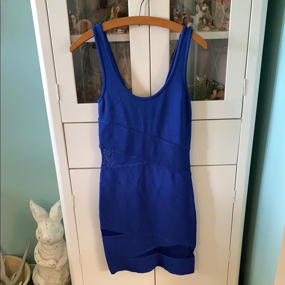 Bebe sz S Vibrant Blue Sleeveless Dress with Sheer Panels euc